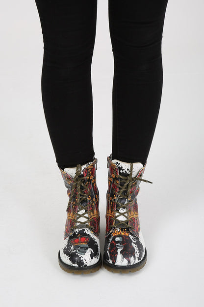 Cs- Natalie White Multi-Printed Lace Detailed Side Zipper Goby Women'S Boots