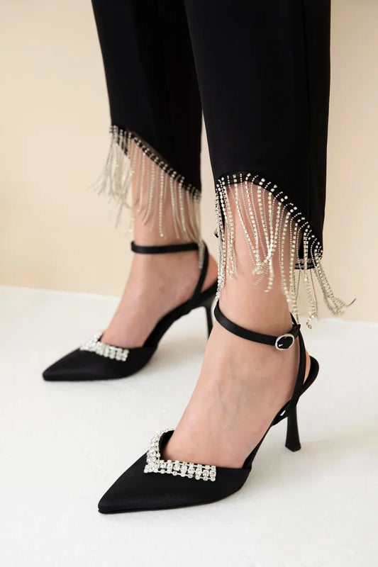 St adelya kadın taş detay topuklu saten ayakkabı siyah / women > shoes >