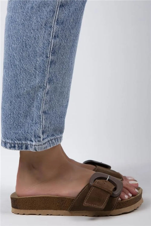 Mj- Alandra Women Original Leather Single Strap Brown Slippers