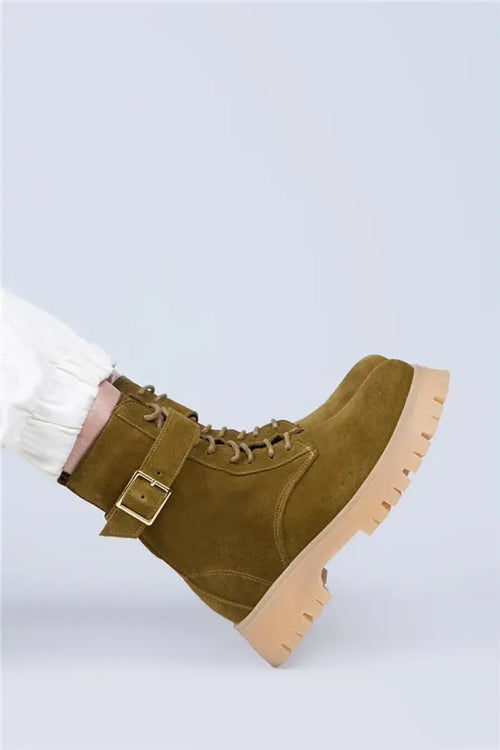 Mj- anan Women Original Leather Ligned Zippered Zippered Buckle Khaki Suede Boots