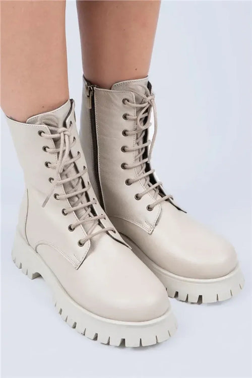 Mj- Anna Women Original Leather Zipper with lace Beige Boots