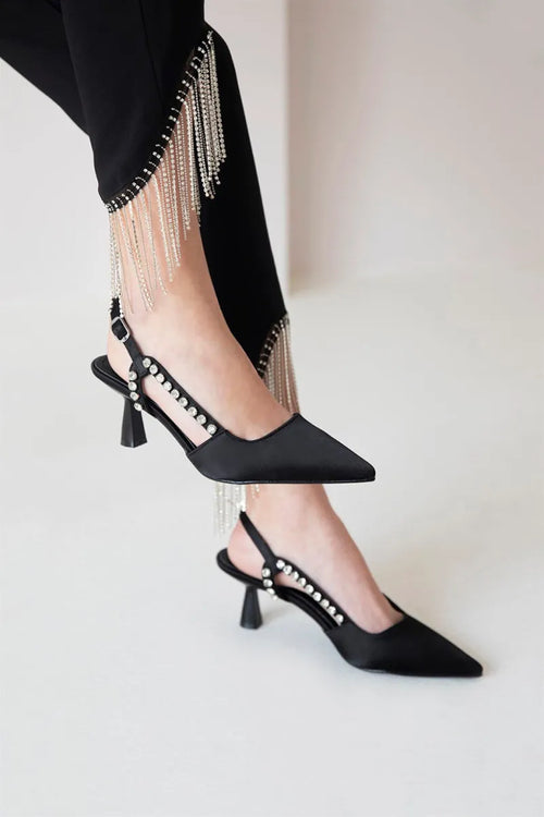 St-arlo Women Stone Detail Heels Satin Shoes Black