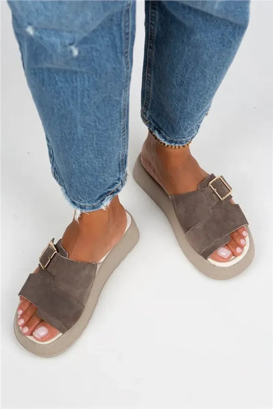Mj begonia kadın hakiki deri tokalı kahverengi terlik / women > shoes > sandals