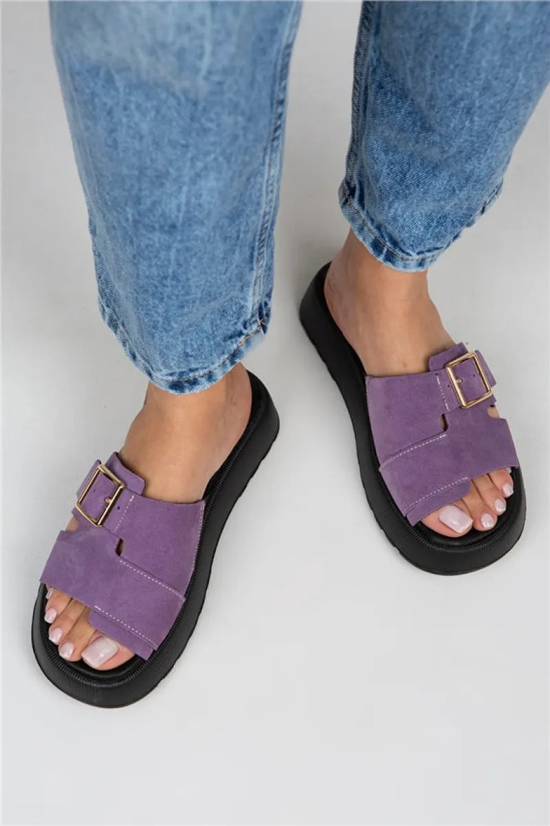 Mj- begonia kadın hakiki deri tokalı lila terlik / women > shoes > slippers