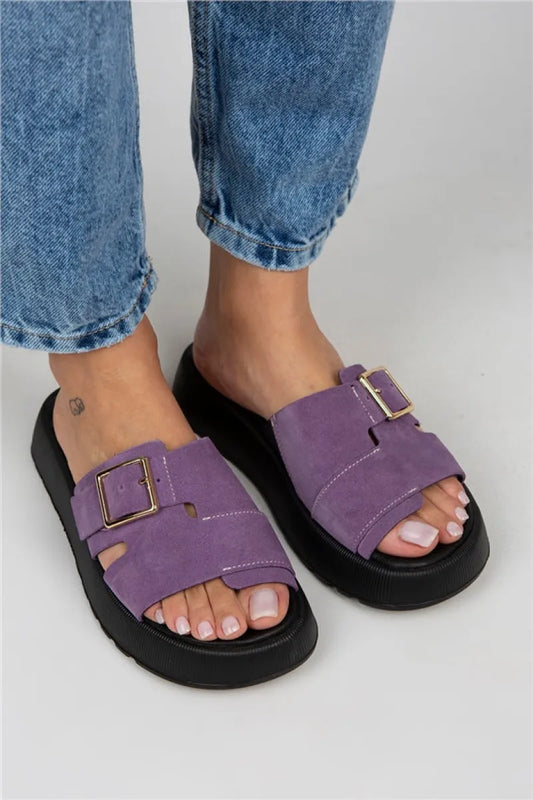 Mj- begonia kadın hakiki deri tokalı lila terlik / women > shoes > slippers