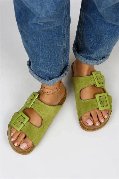 MJ- Belinda Women Original Leather Double buckle peanut green slippers