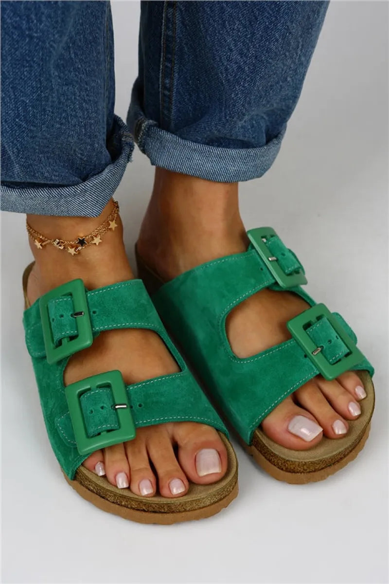 Mj- belinda kadın hakiki deri çift tokalı yeşil terlik / women > shoes >