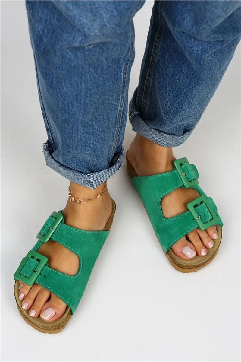 Mj- belinda kadın hakiki deri çift tokalı yeşil terlik / women > shoes >