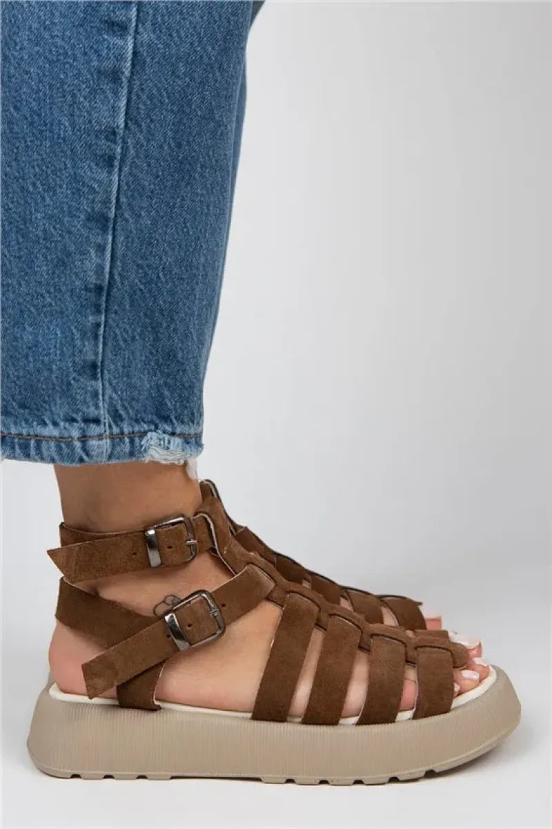Mj- benia kadın hakiki deri kafesli sandalet koyu taba sandalet / women > shoes