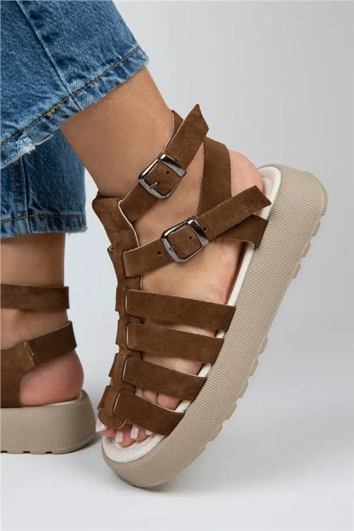 MJ- Benia Mujeres Sandalías de sandalete de jaula de cuero genuino Sandalias Dark Taba