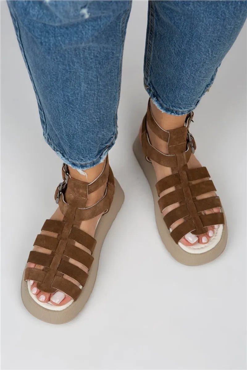 Mj- benia kadın hakiki deri kafesli sandalet koyu taba sandalet / women > shoes