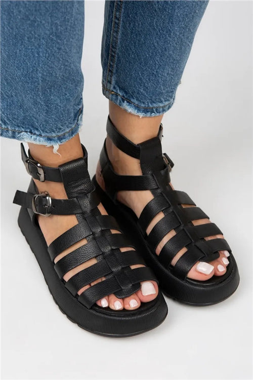 Mj- Benia Kadın Hakiki Deri Kafesli Sandalet Siyah Sandalet