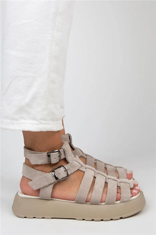 Mj- Benia Damen-Sandalen aus echtem Leder mit Käfig, beige Sandalen