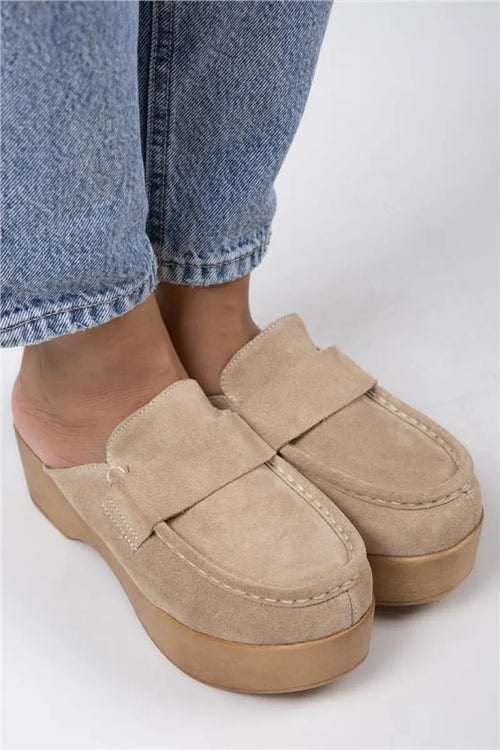 Mj- Berry Women Original Leather laceless Beige - Suede Slipper