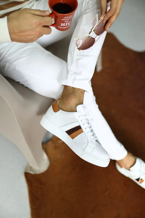 So- Beyaz, Taba Deri, Sneakers Erkek Ayakkabı