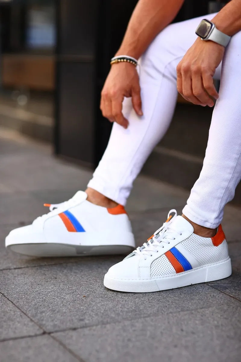 So- beyaz turuncu mavi deri sneakers erkek ayakkabı