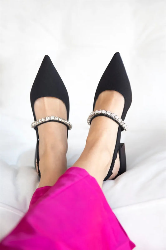 St- bond kadın taş detay topuklu kumaş ayakkabı siyah / women > shoes > sandals