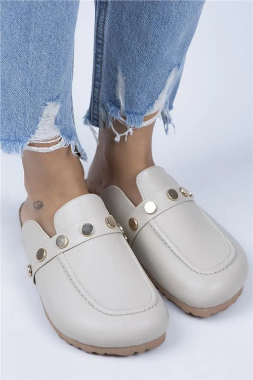 MJ- Bonita Women Original Leather Stapled Beige - Gold Slippers