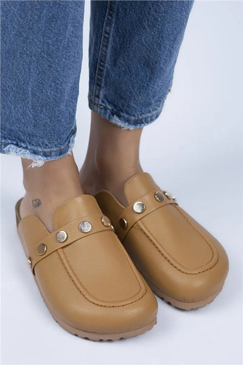 MJ- Bonita Women Original Leather Stapled Tan - Gold Slippers