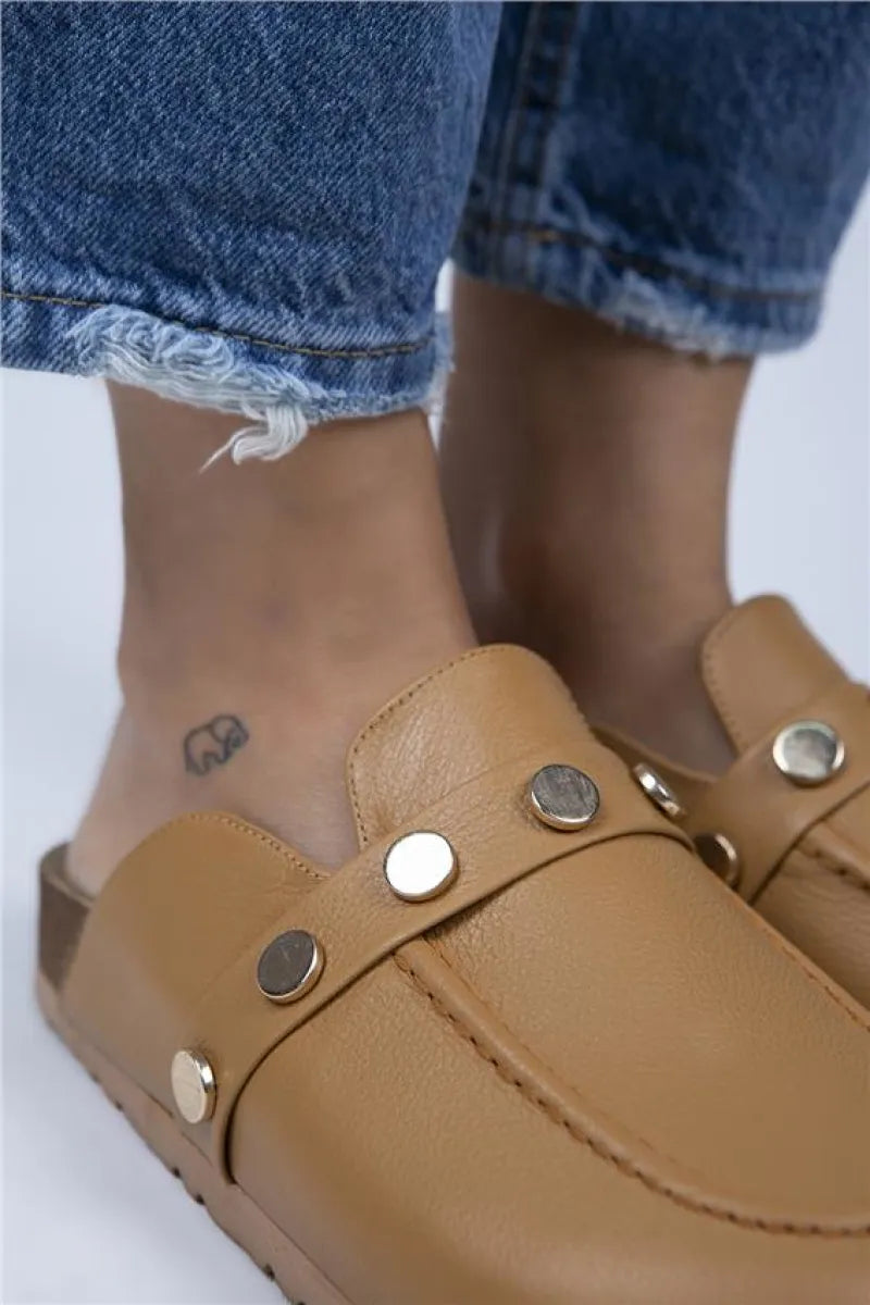 Mj- bonita kadın hakiki deri zımbalı taba - gold terlik / women > shoes >