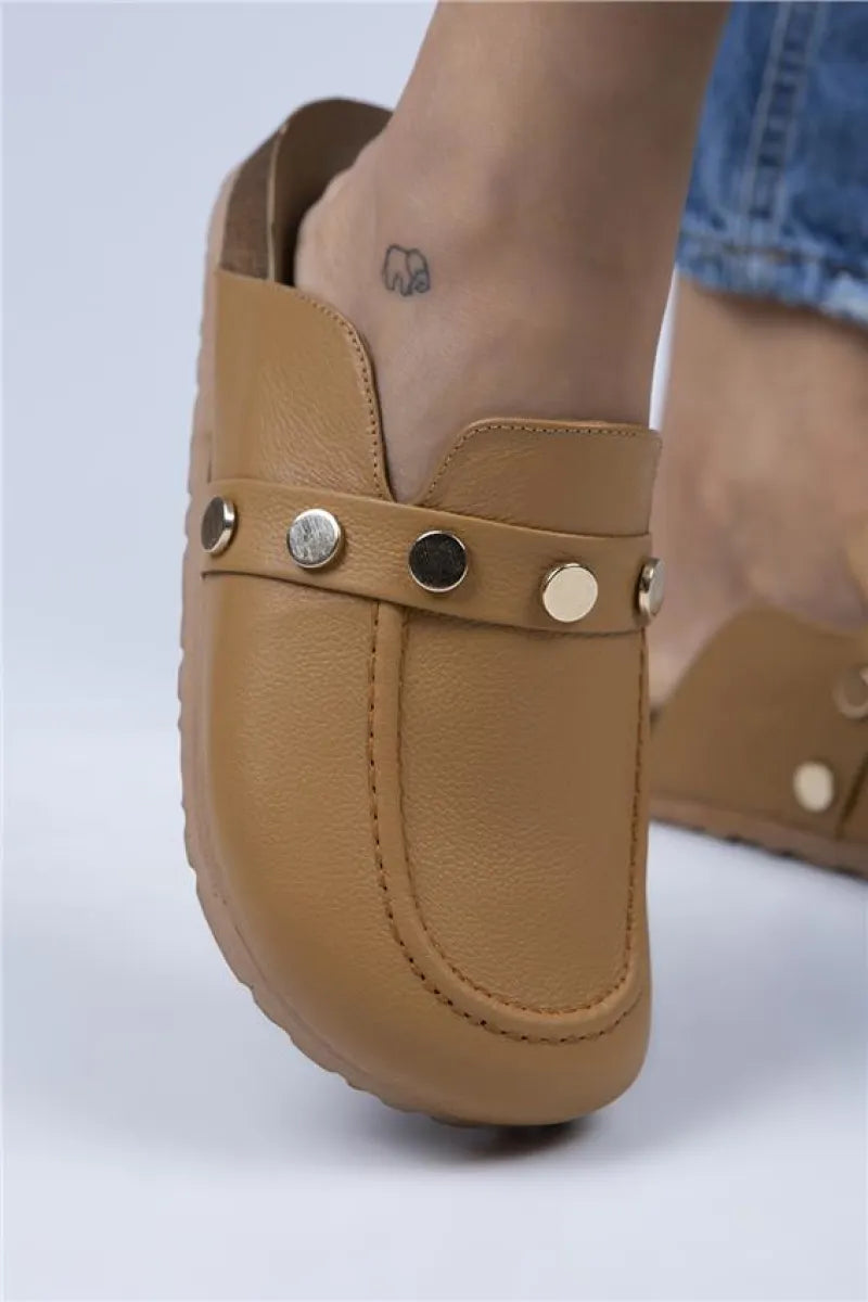 Mj- bonita kadın hakiki deri zımbalı taba - gold terlik / women > shoes >
