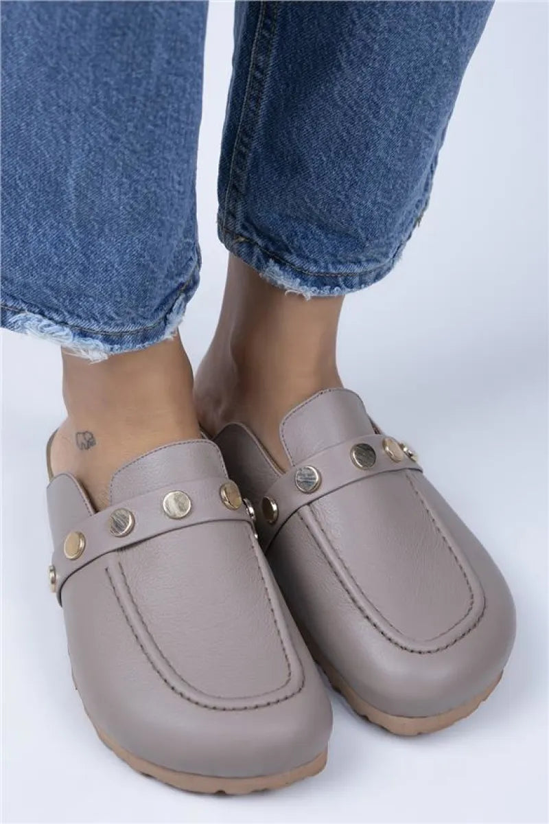 Women > shoes slippers mj- bonita kadın hakiki deri zımbalı vizon - gold terlik