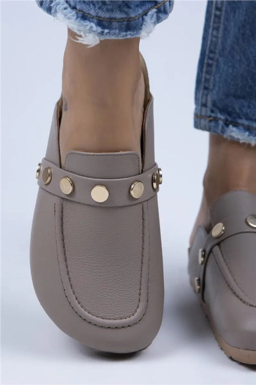 MJ- Bonita Women Original Leather Stapled mink - Gold Slippers