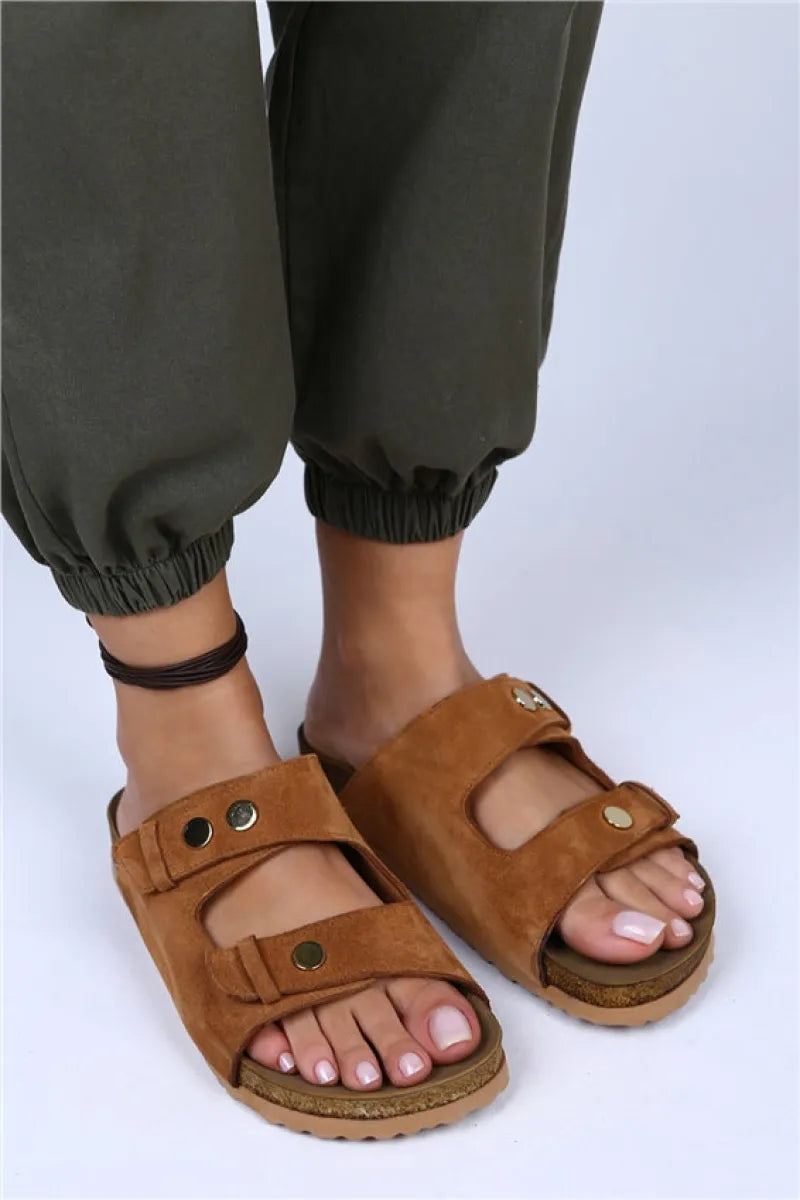 Mj calida kadın hakiki deri bantlı taba terlik / women > shoes > slippers