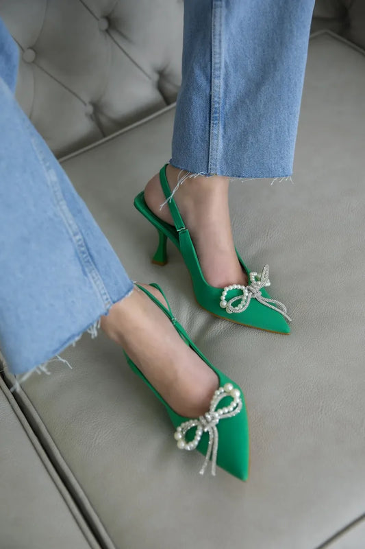 St- carlota kadın topuklu toka detay kumaş sandalet yeşil / women > shoes >