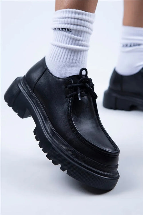 MJ- Chaussures noires en dentelle en cuir véritable pour femmes