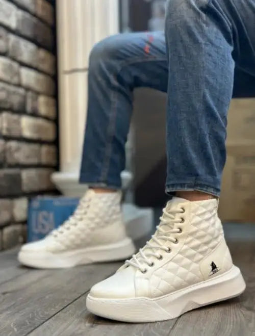 Co- Ba0159 Lace-Up White Quilted Men’S High-Sole Sports Boots - Man > Shoes.