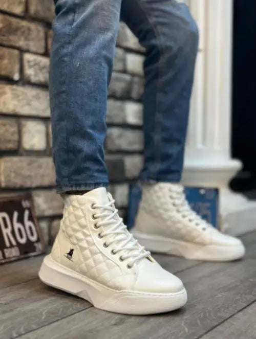 Co- Ba0159 Lace-Up White Quilted Men’S High-Sole Sports Boots - Man > Shoes.