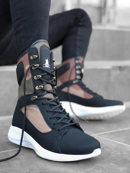 High-top athletic sneaker with black and pink color blocking and white sole.