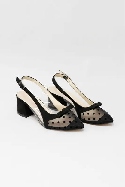 Black slingback heels with polka dot mesh detailing and a chunky block heel.