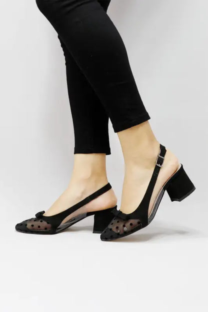 Black mesh slingback heels with a chunky heel.