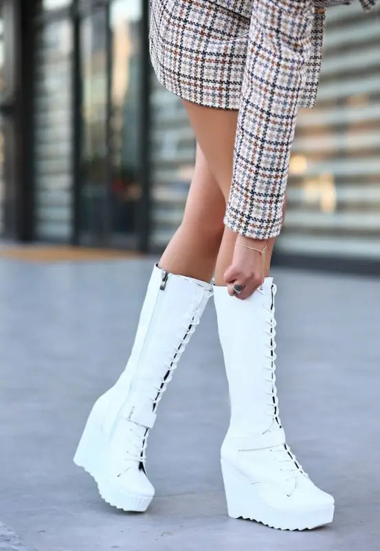 Co- Deja White Skin Lace Up Wedge Heel Boots Booties, Boots