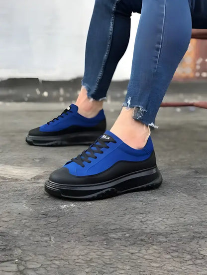 Blue and black chunky platform sneakers with thick soles and black laces.