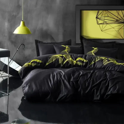 Black bedding set with lime green accent pillows.