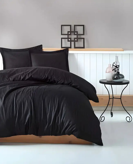 Cotton Box Striped Satin Duvet Cover Set - Black - Home Textile > Bedroom Covers.