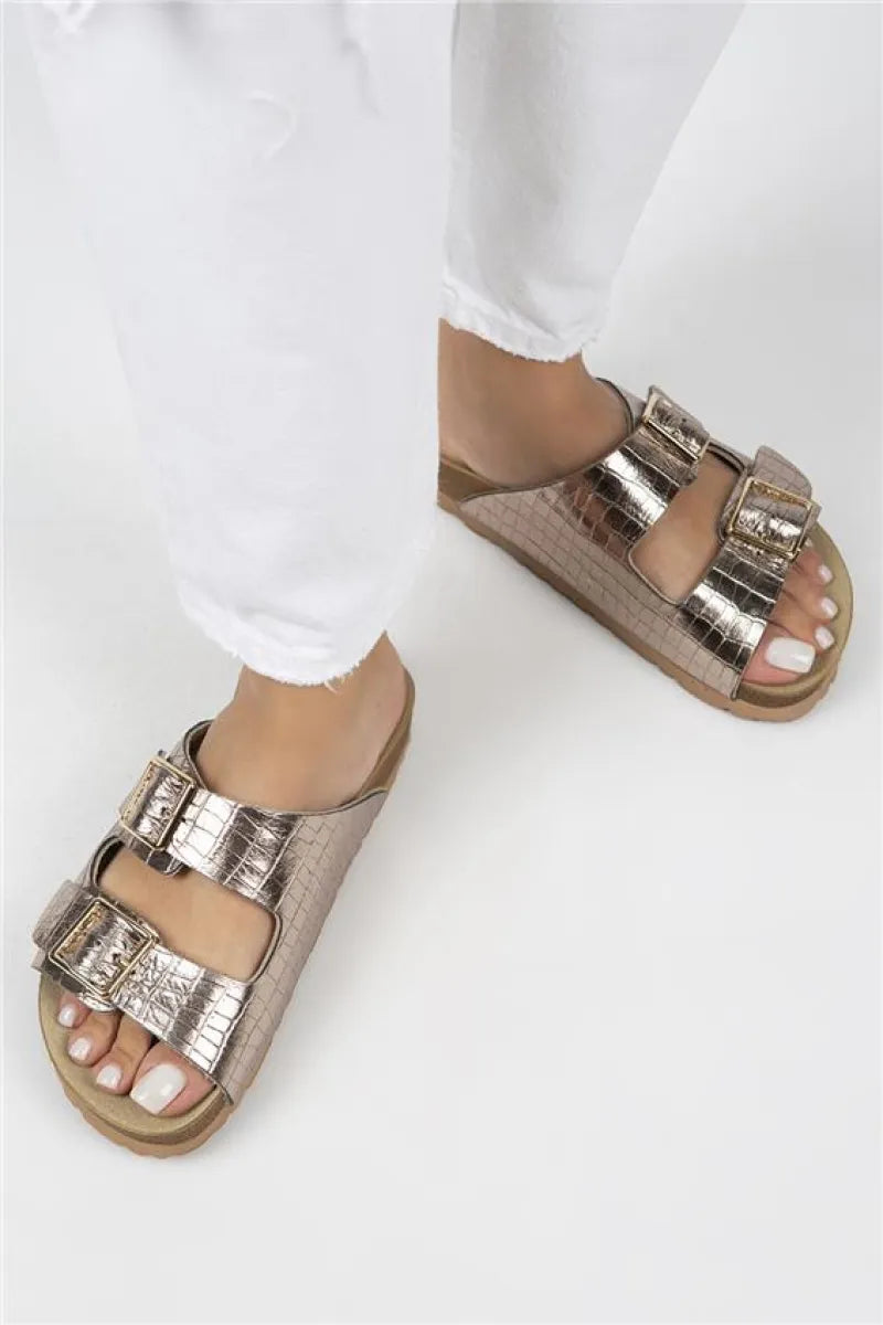 Women > shoes slippers mj- croco kadın hakiki deri çift tokalı crocodile bakır