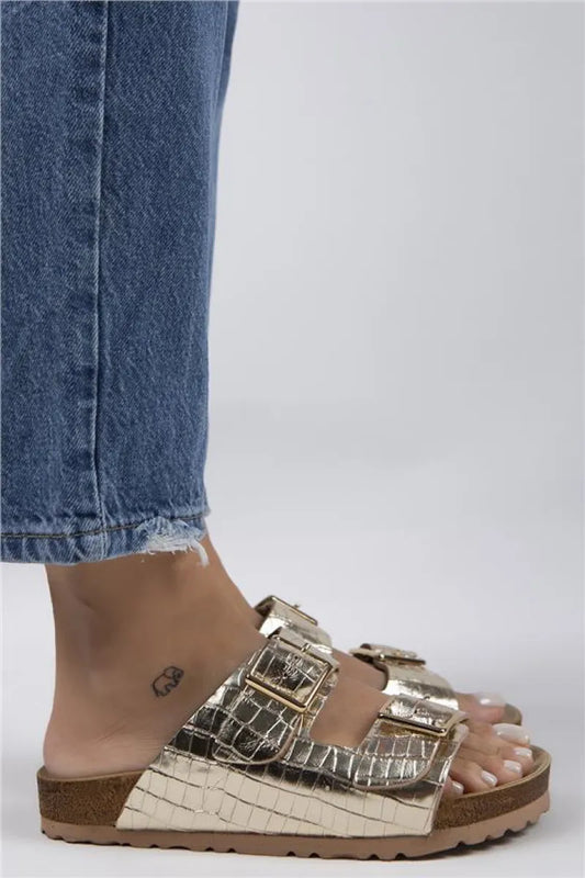 Women > shoes slippers mj- croco kadın hakiki deri çift tokalı crocodile gold
