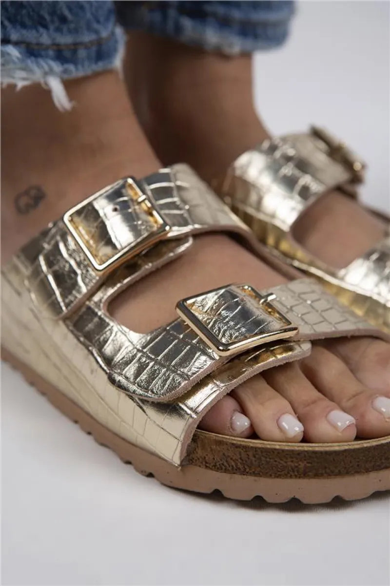 Women > shoes slippers mj- croco kadın hakiki deri çift tokalı crocodile gold