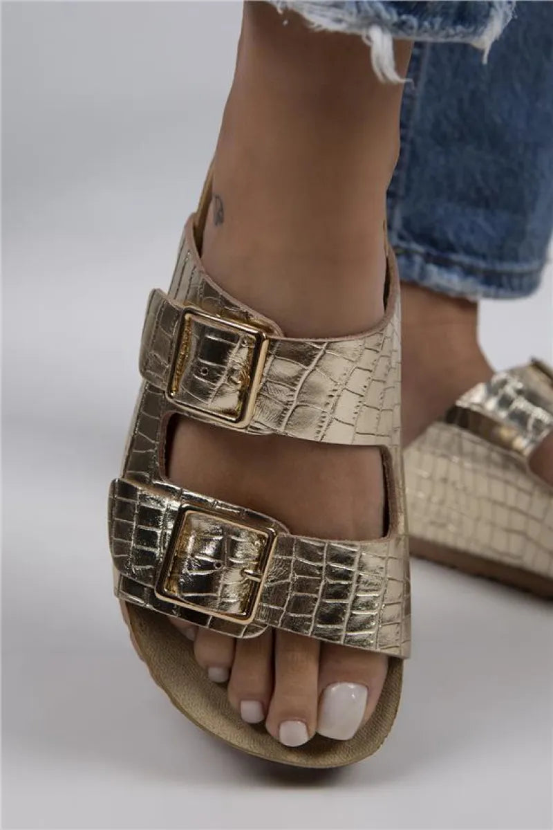 Women > shoes slippers mj- croco kadın hakiki deri çift tokalı crocodile gold