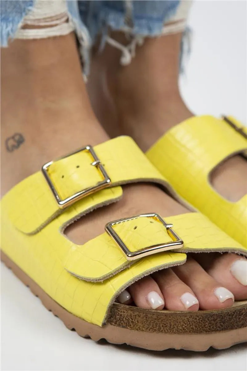 Mj- croco kadın hakiki deri çift tokalı crocodile sarı terlik / women > shoes >