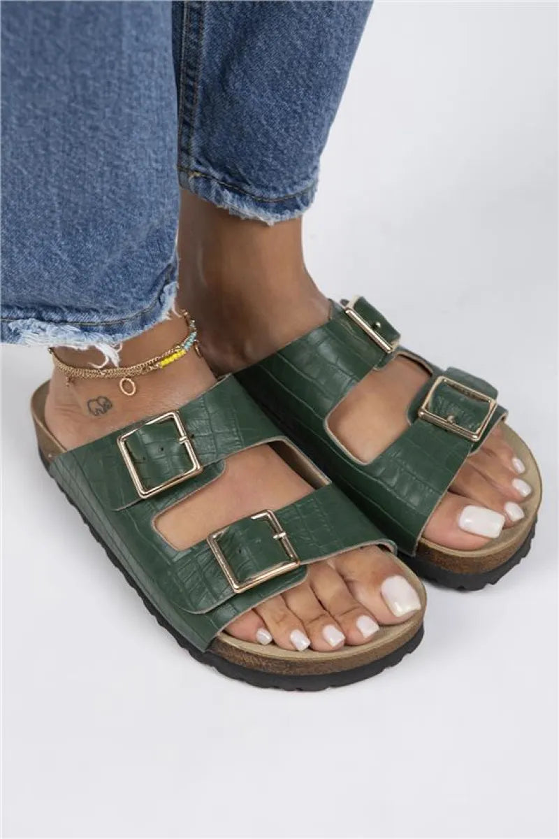 Women > shoes slippers mj- croco kadın hakiki deri çift tokalı crocodile yeşil
