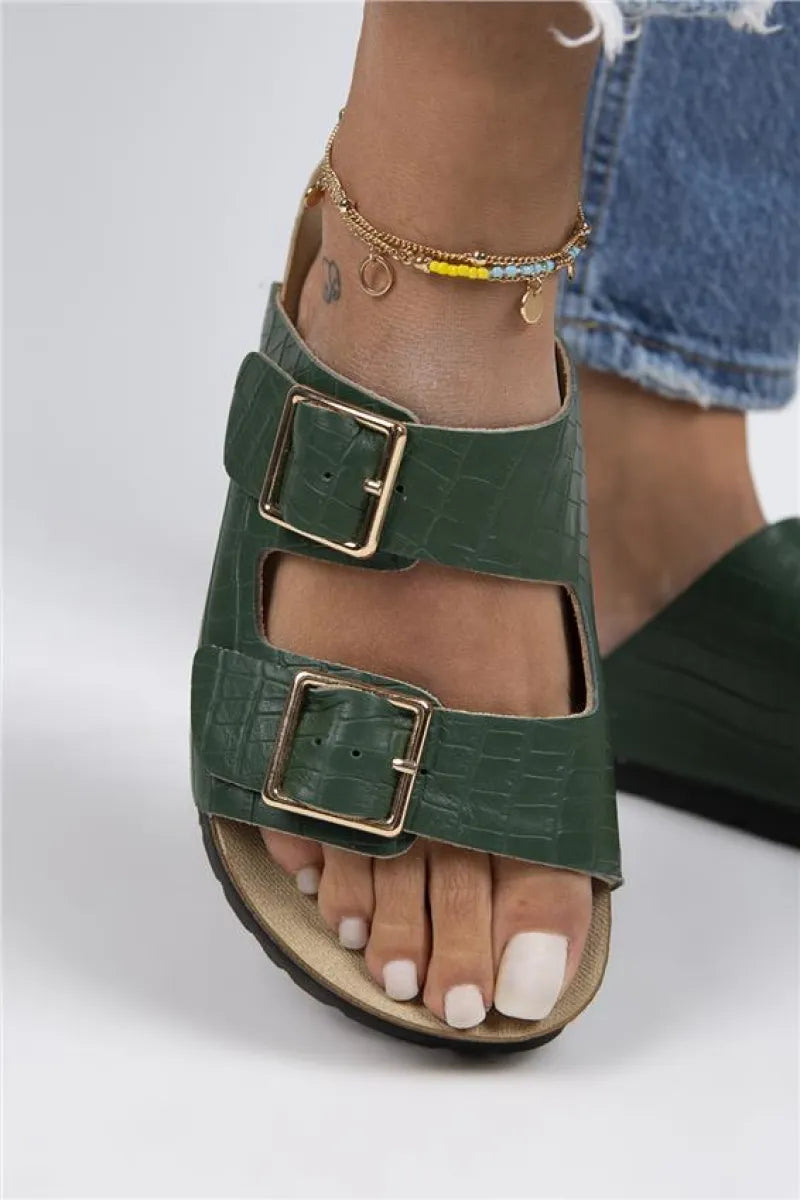 Women > shoes slippers mj- croco kadın hakiki deri çift tokalı crocodile yeşil