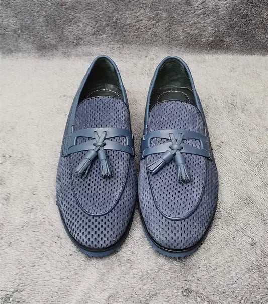 Cs- Fresnes Navy Blue Leather Suede Staple Patterned Tassel Detailed Men’S Classic Shoes - Man > Loafer.