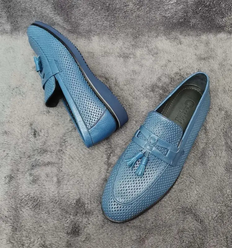 Cs- Fresnes Navy Blue Leather Suede Staple Patterned Tassel Detailed Men’S Classic Shoes - Man > Loafer.