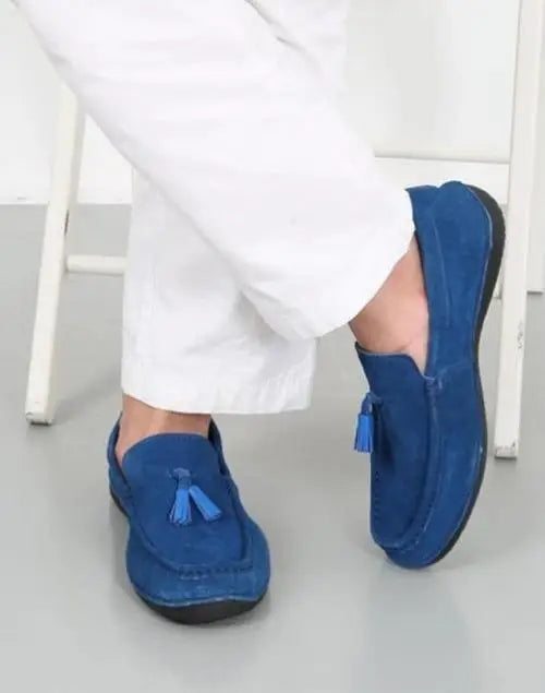 Cs- Lens Saks Blue Suede Leather Anatomical Sole Tassel Detailed Men’S Casual Shoes - Man > Loafer.