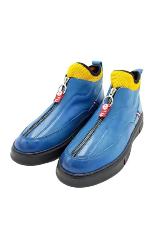 Cs- Yonkers Blue Leather Yellow Stretch Men’S Boots With Front Zipper Accessory - Women > Shoes.